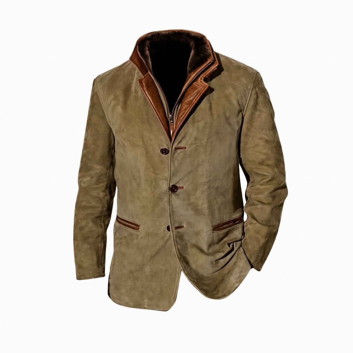 Hudson - Men's Tailored Button-Front Jacket with Contrast Stand Collar - Blazers - Khaki - Sarvento