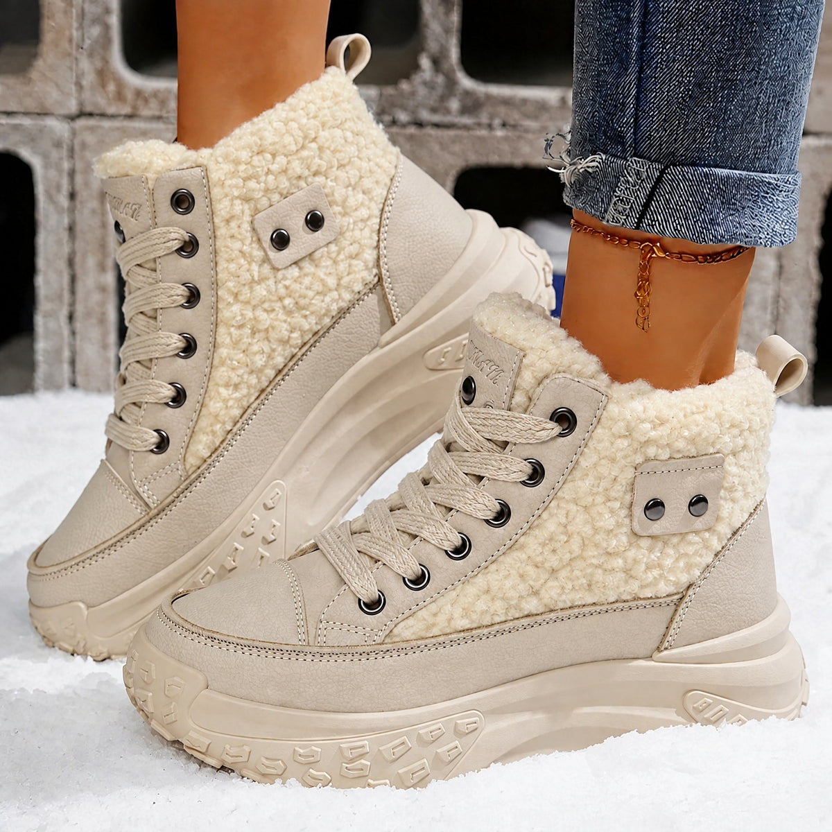 Irene - Women's Sherpa-Trim High-Top Sneaker Boots - Boots - Beige - Parker&Brooks