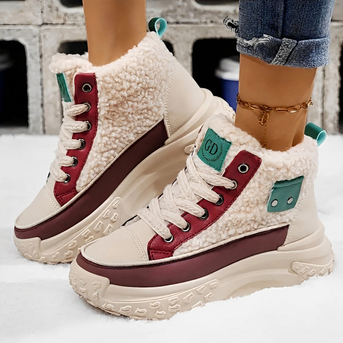 Irene - Women's Sherpa-Trim High-Top Sneaker Boots - Boots - Red - Parker&Brooks