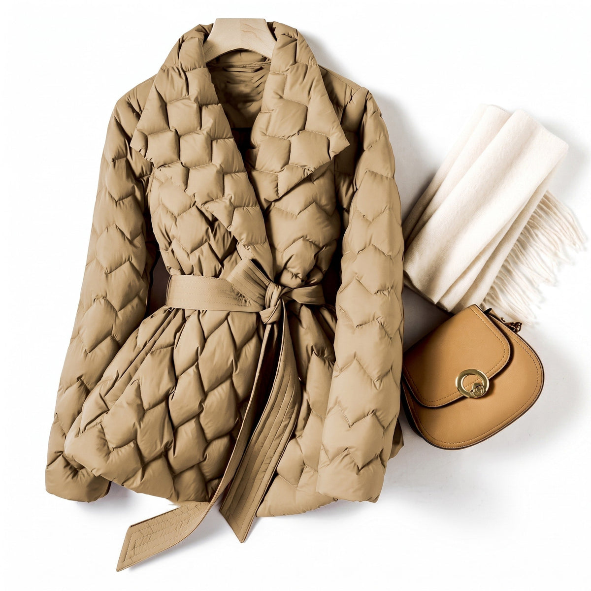 Isabella - Women's Quilted Belted Puffer Jacket with Shawl Collar - Puffer Jacket - Beige - Parker&Brooks