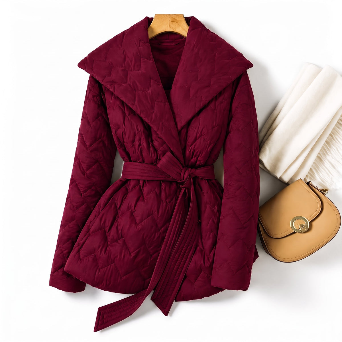 Isabella - Women's Quilted Belted Puffer Jacket with Shawl Collar - Puffer Jacket - Burgundy - Parker&Brooks