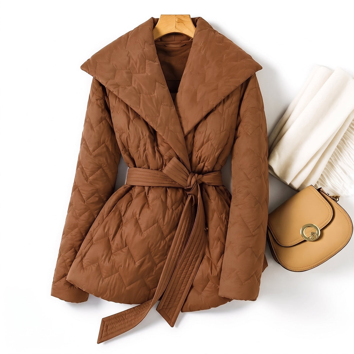 Isabella - Women's Quilted Belted Puffer Jacket with Shawl Collar - Puffer Jacket - Brown - Parker&Brooks