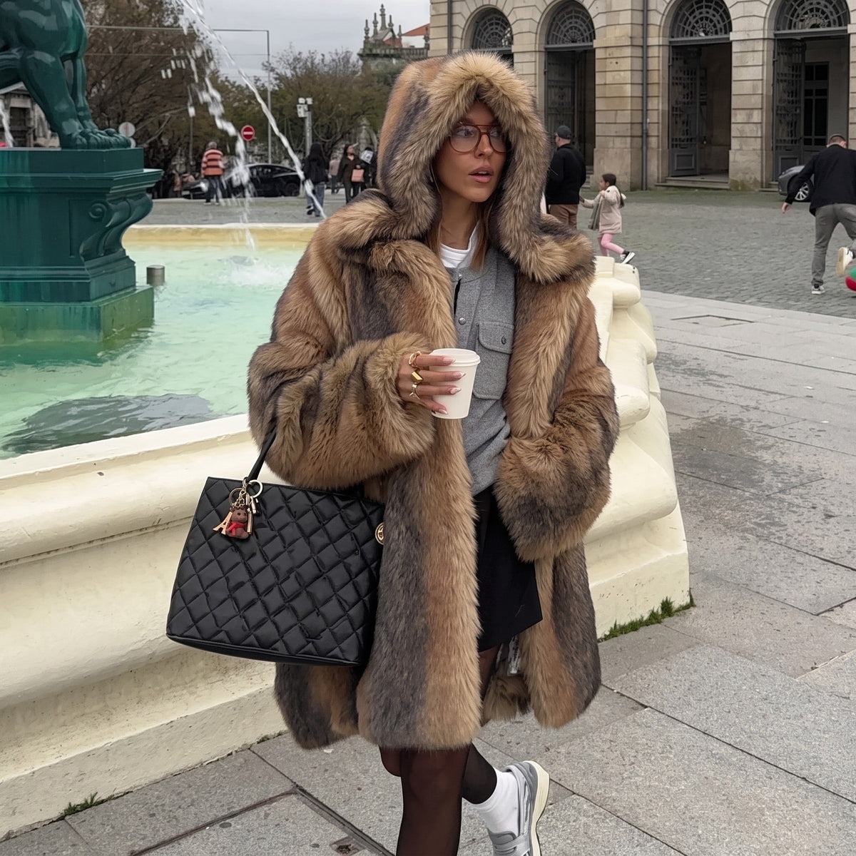 Isabelle - Women's Hooded Longline Faux Fur Coat with Single-Breasted Button Closure - Coats & Jackets - Brown - Sarvento