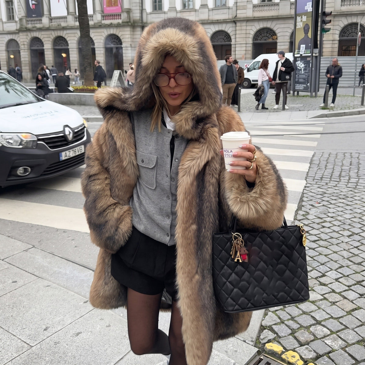 Isabelle - Women's Hooded Longline Faux Fur Coat with Single-Breasted Button Closure - Coats & Jackets - Brown - Sarvento