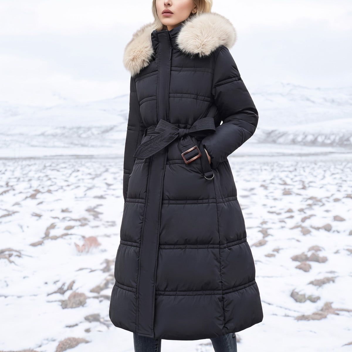 Isabelle - Women's Long Hooded Puffer Parka with Faux Fur Trim - Coats & Jackets - Black with Beige - Sarvento