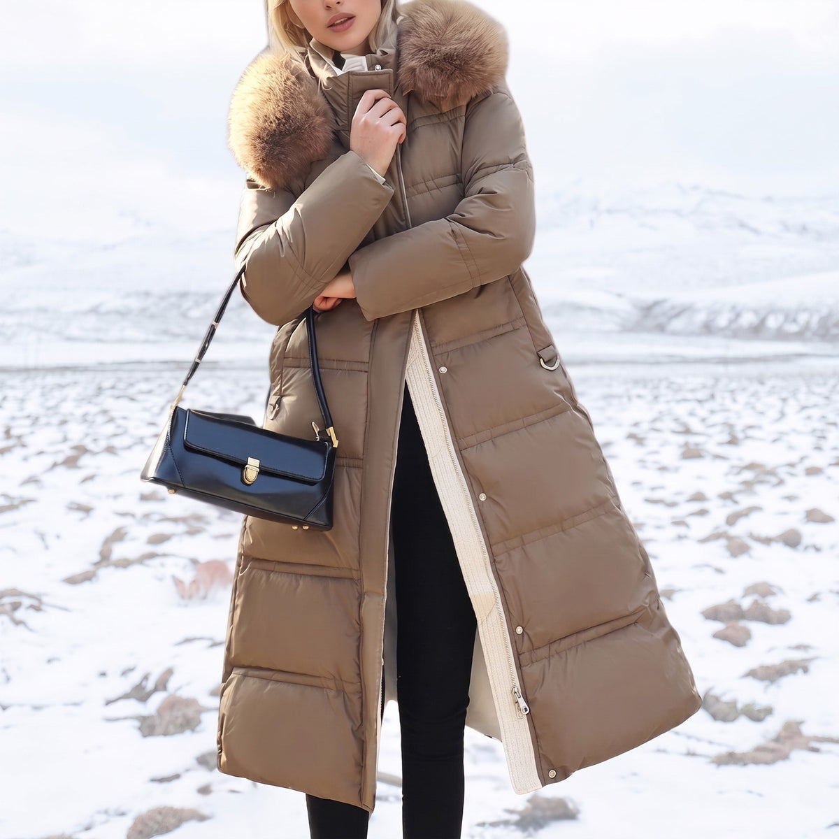 Isabelle - Women's Long Hooded Puffer Parka with Faux Fur Trim - Coats & Jackets - Brown - Sarvento