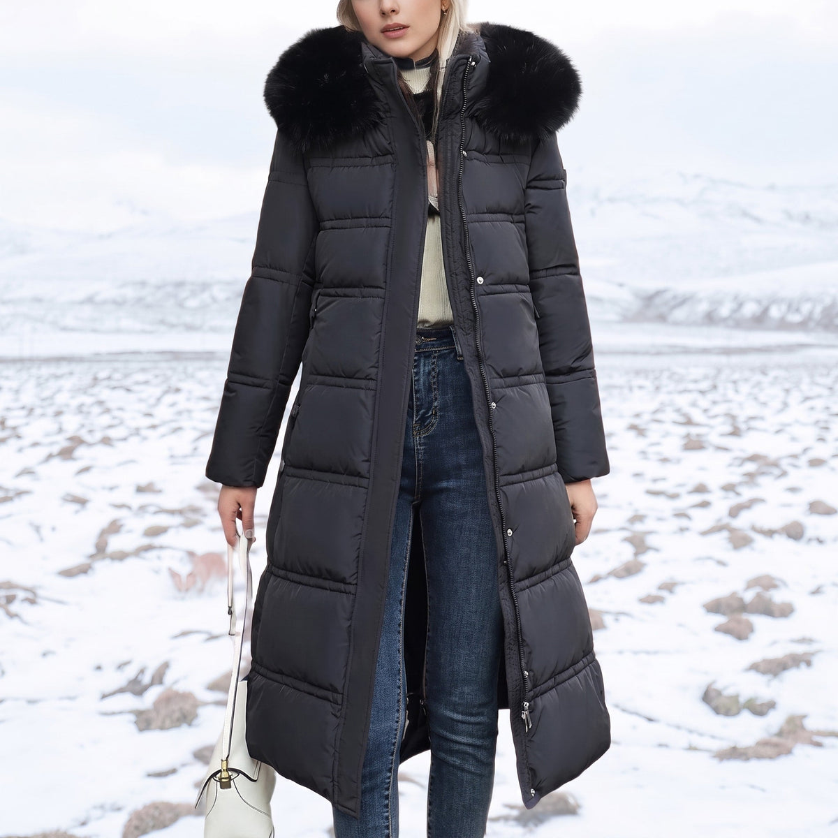 Isabelle - Women's Long Hooded Puffer Parka with Faux Fur Trim - Coats & Jackets - Black - Sarvento