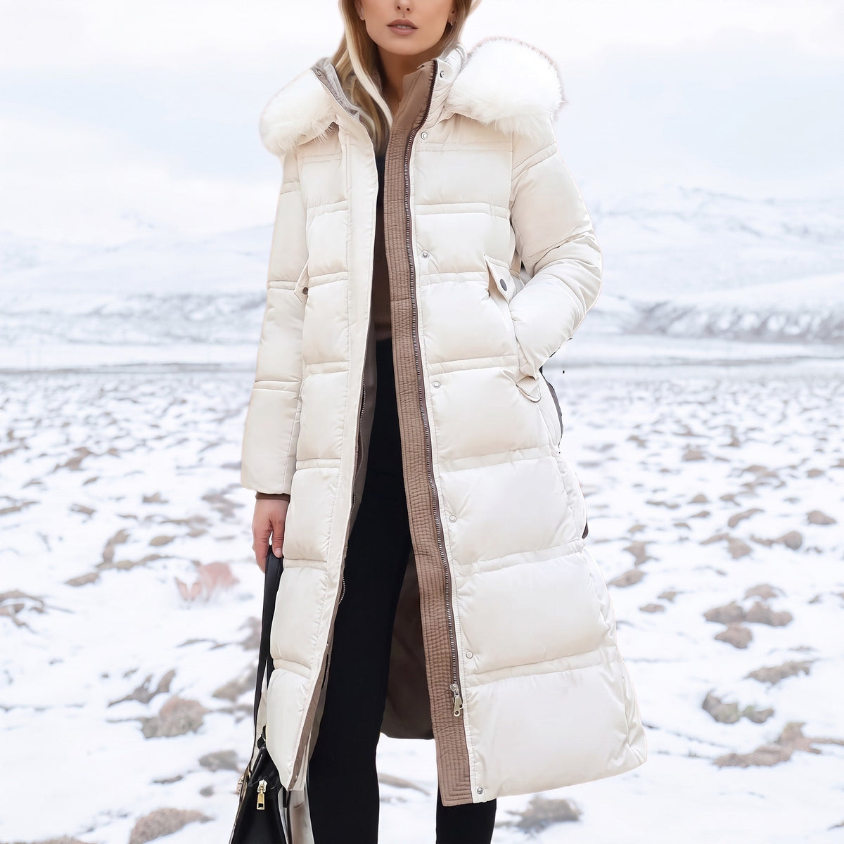 Isabelle - Women's Long Hooded Puffer Parka with Faux Fur Trim - Coats & Jackets - White - Sarvento