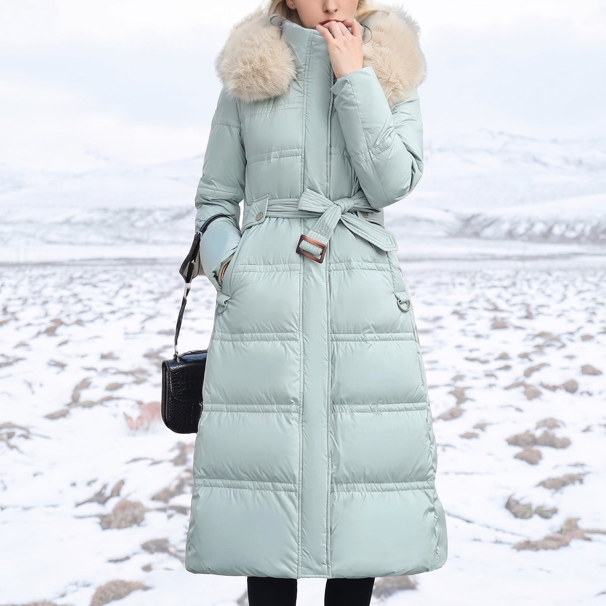 Isabelle - Women's Long Hooded Puffer Parka with Faux Fur Trim - Coats & Jackets - Light Blue with Beige - Sarvento