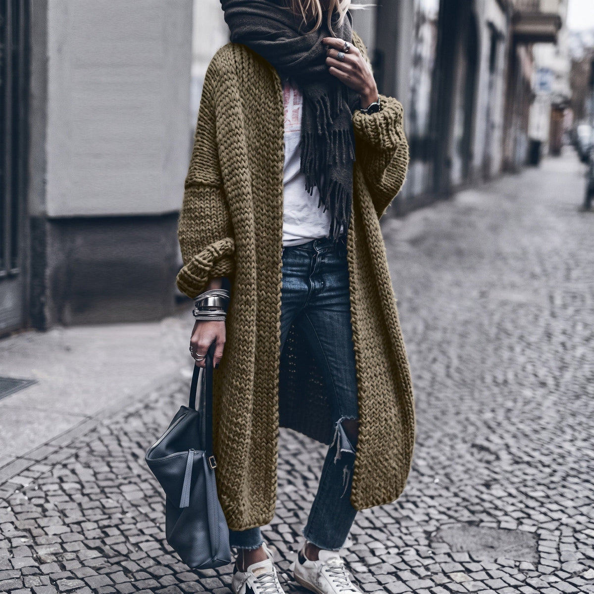Isabelle - Women's Longline Open Front Oversized Chunky Knit Cardigan - Cardigans - Blue - Sarvento