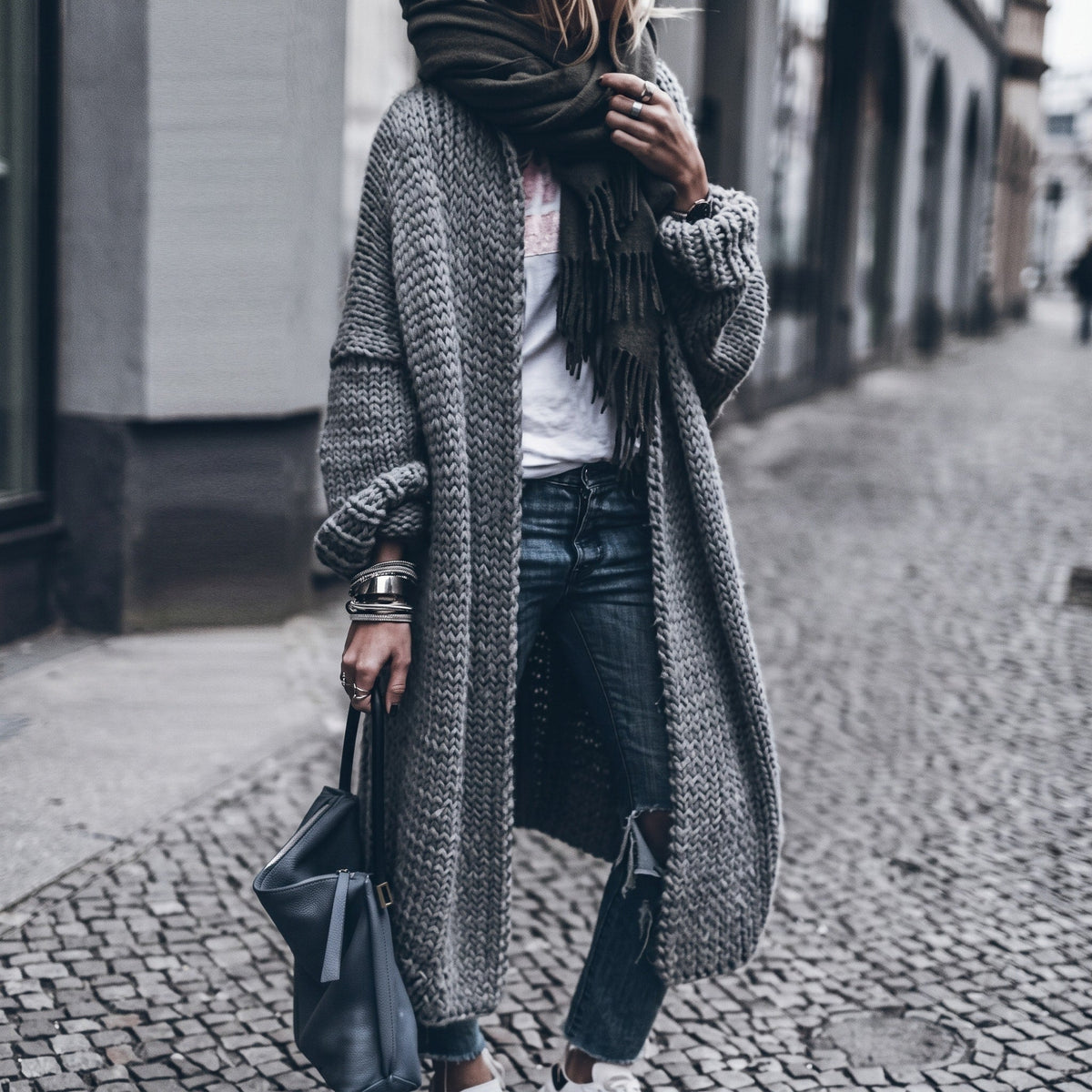 Isabelle - Women's Longline Open Front Oversized Chunky Knit Cardigan - Cardigans - Blue - Sarvento