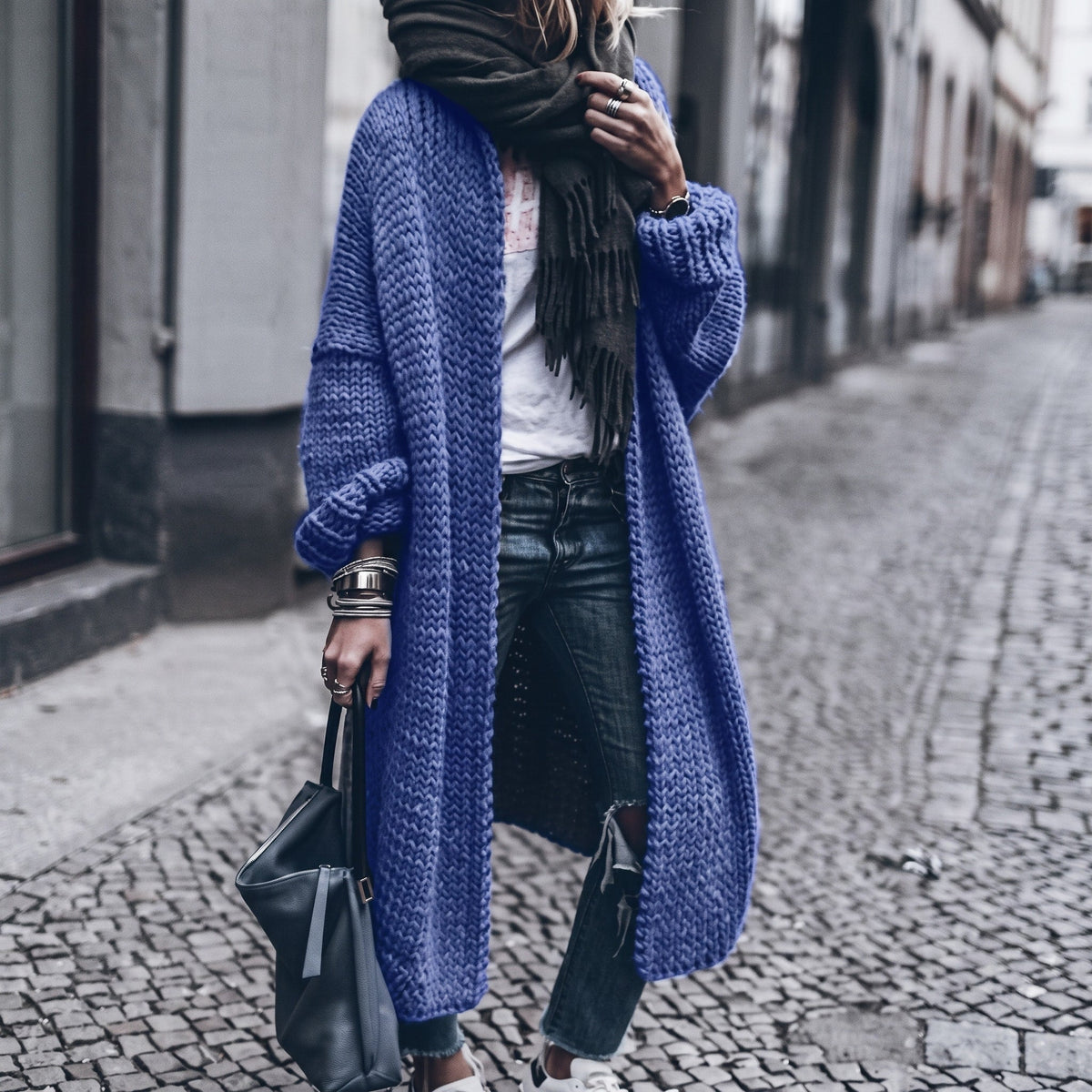 Isabelle - Women's Longline Open Front Oversized Chunky Knit Cardigan - Cardigans - Blue - Sarvento