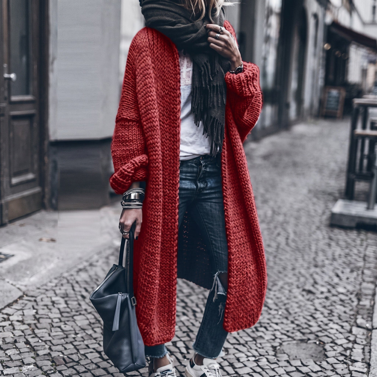 Isabelle - Women's Longline Open Front Oversized Chunky Knit Cardigan - Cardigans - Blue - Sarvento