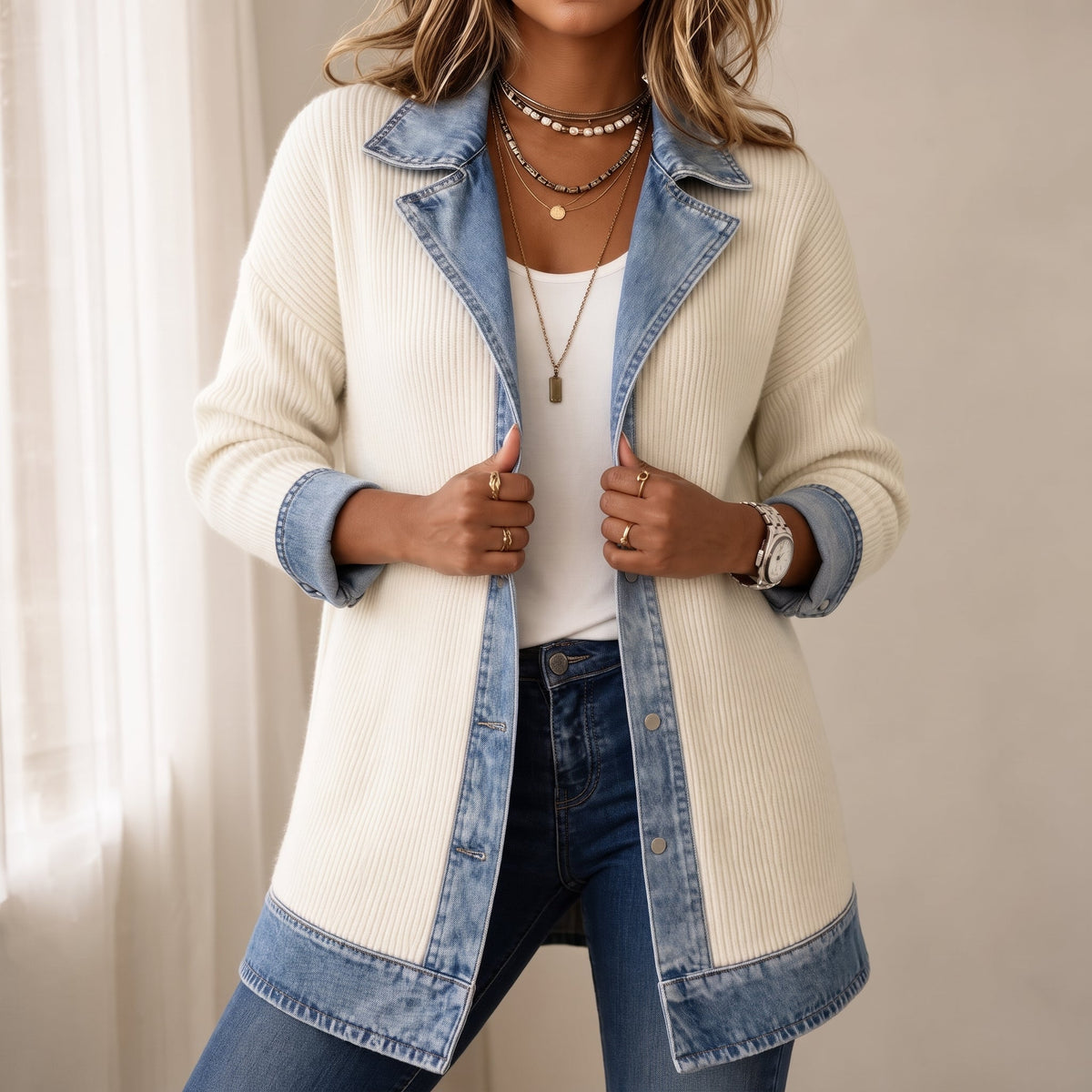 Isabelle – Women’s Longline Ribbed Knit Cardigan with Denim Collar Trim - Cardigans - White - Sarvento