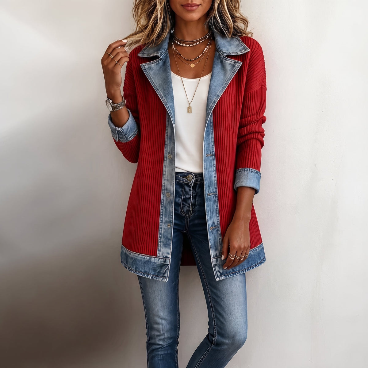 Isabelle – Women’s Longline Ribbed Knit Cardigan with Denim Collar Trim - Cardigans - Red - Sarvento