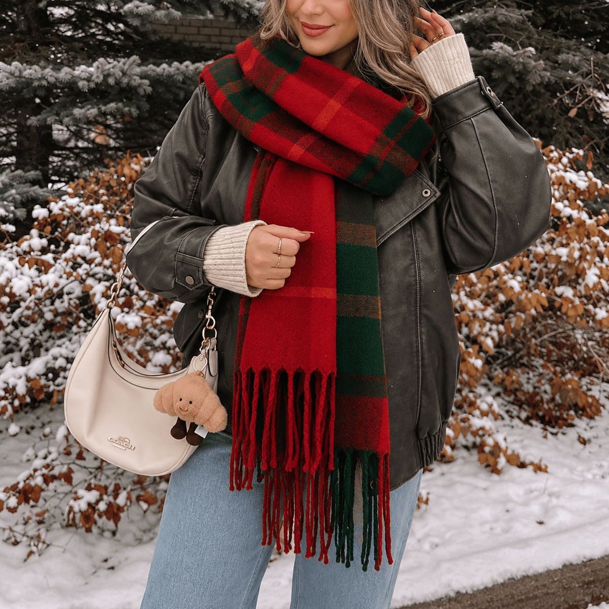 Isabelle – Women’s Oversized Plaid Fringe Wrap Scarf - Scarves & Shawls - Burgundy - Sarvento