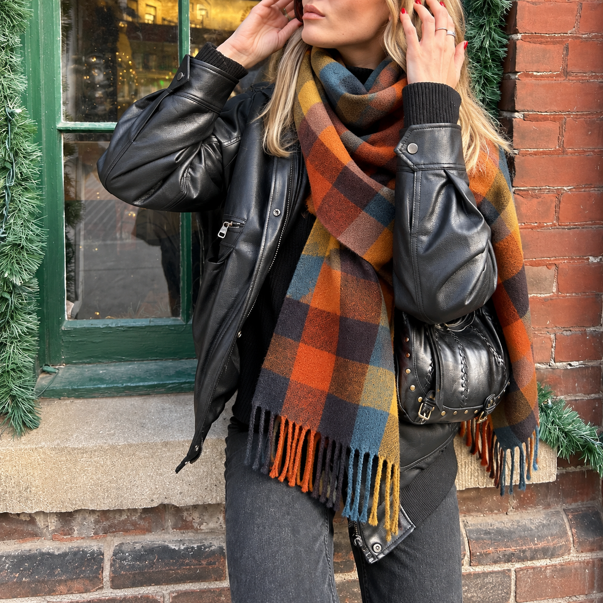 Isabelle – Women’s Oversized Plaid Fringe Wrap Scarf - Scarves & Shawls - Orange - Sarvento