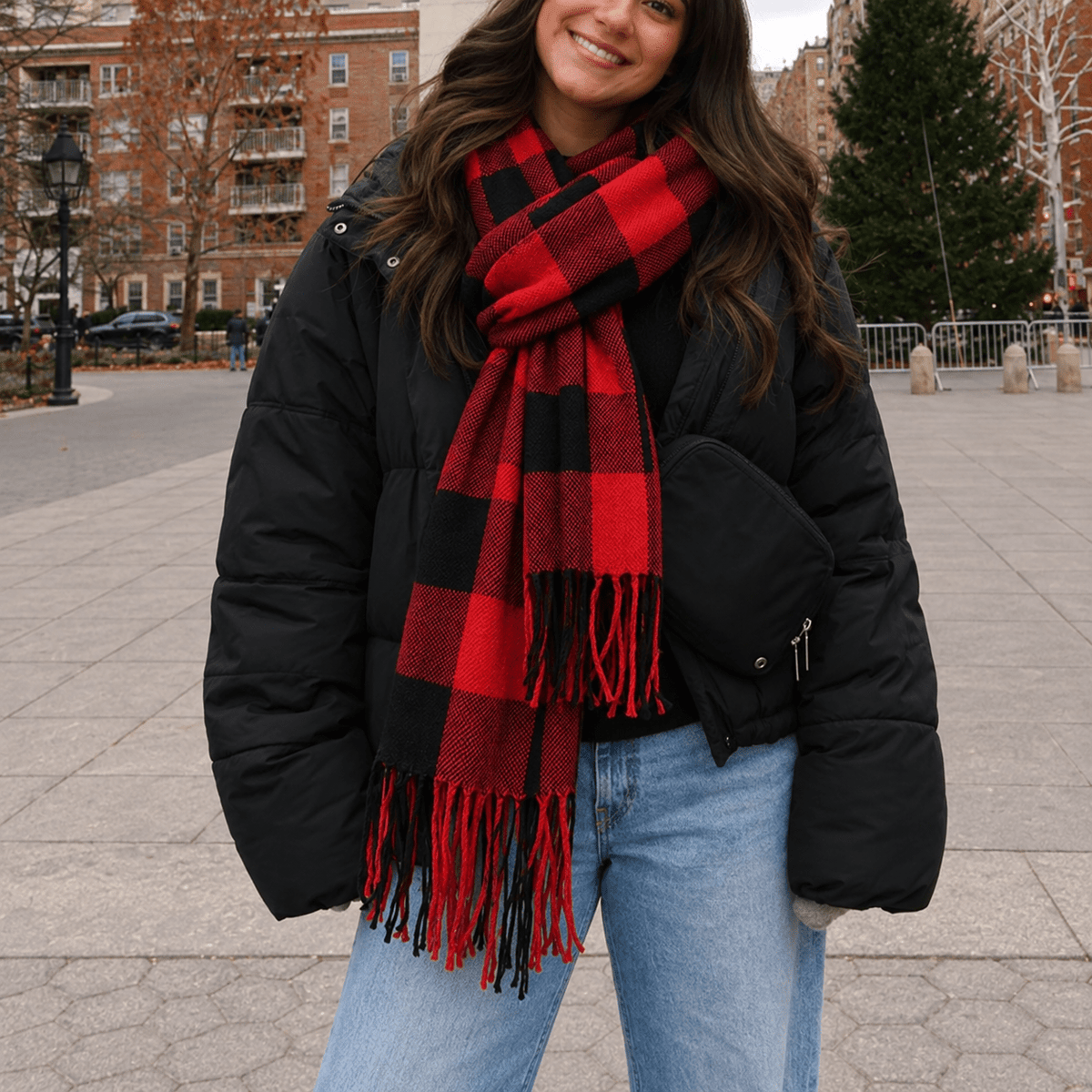 Isabelle – Women’s Oversized Plaid Fringe Wrap Scarf - Scarves & Shawls - Red - Sarvento