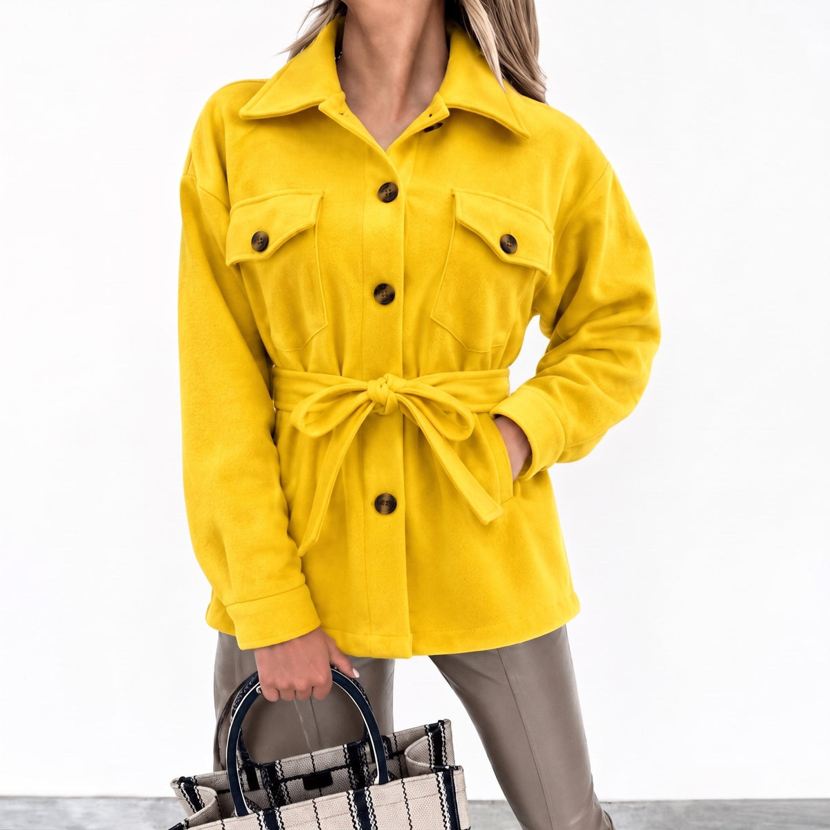 Isabelle - Women's Shirt Jacket with Chest Pockets and Button-Front Closure - Coats & Jackets - Yellow - Parker&Brooks