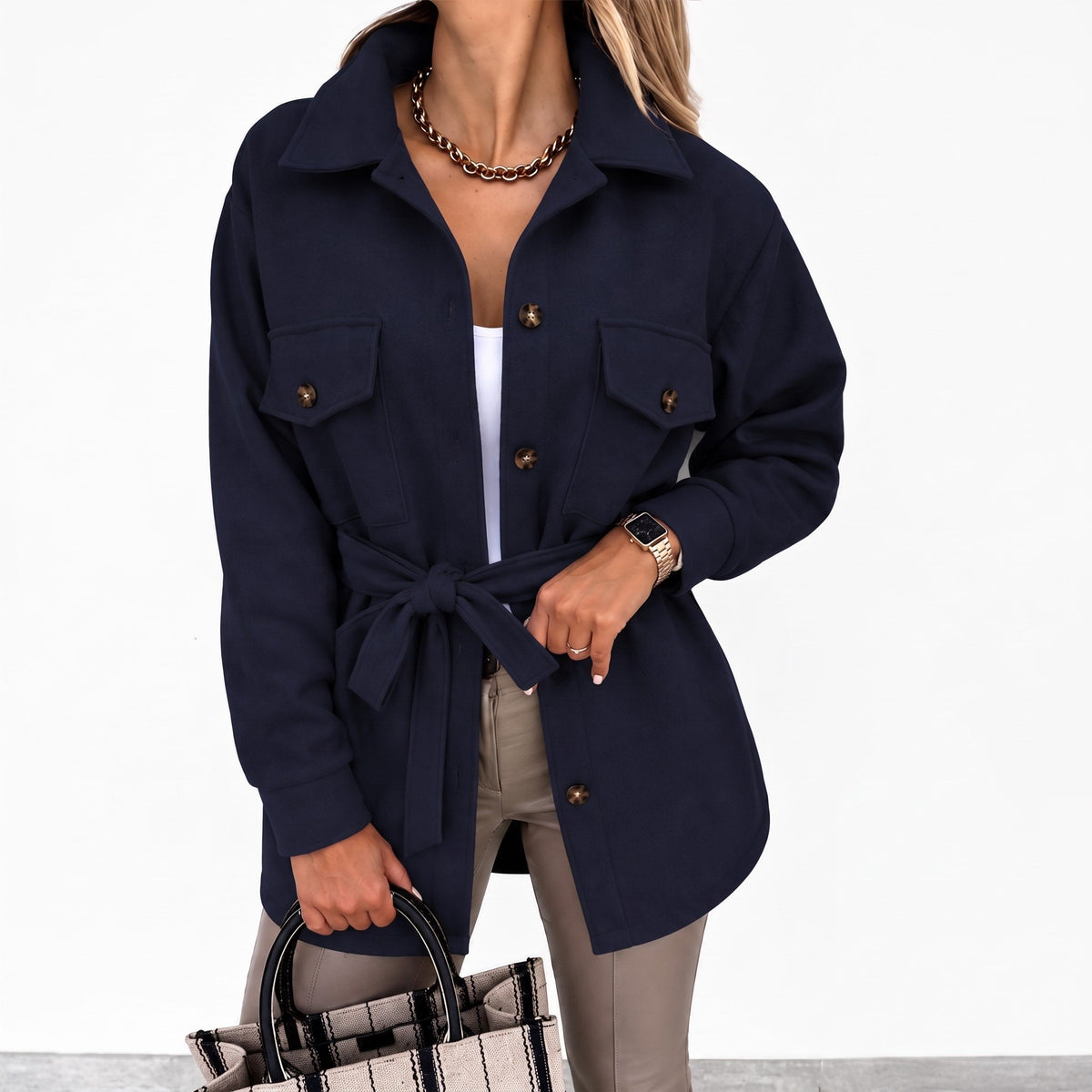 Isabelle - Women's Shirt Jacket with Chest Pockets and Button-Front Closure - Coats & Jackets - Navy Blue - Parker&Brooks
