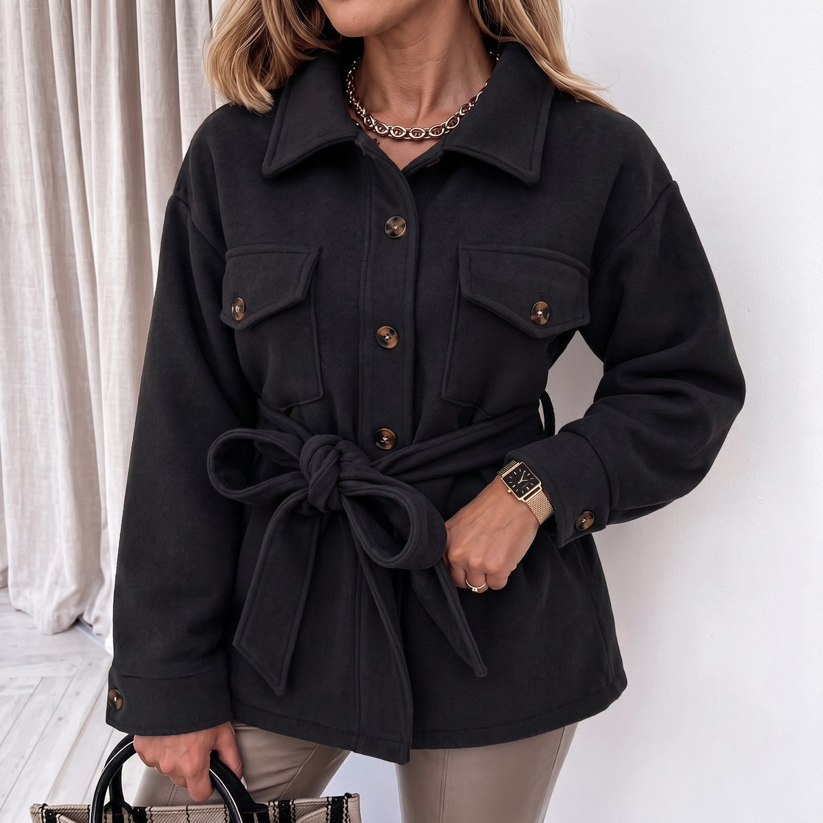 Isabelle - Women's Shirt Jacket with Chest Pockets and Button-Front Closure - Coats & Jackets - Black - Parker&Brooks