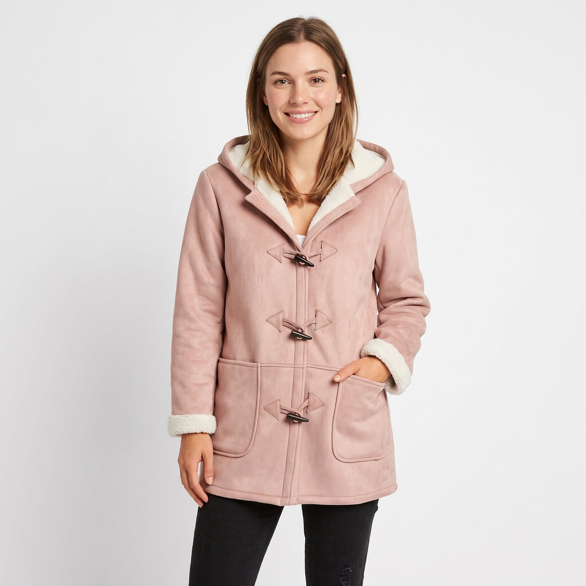 Isla - Women's Hooded Duffle Coat with Toggle Closures and Contrast Lining - Overcoats - Pink - Sarvento