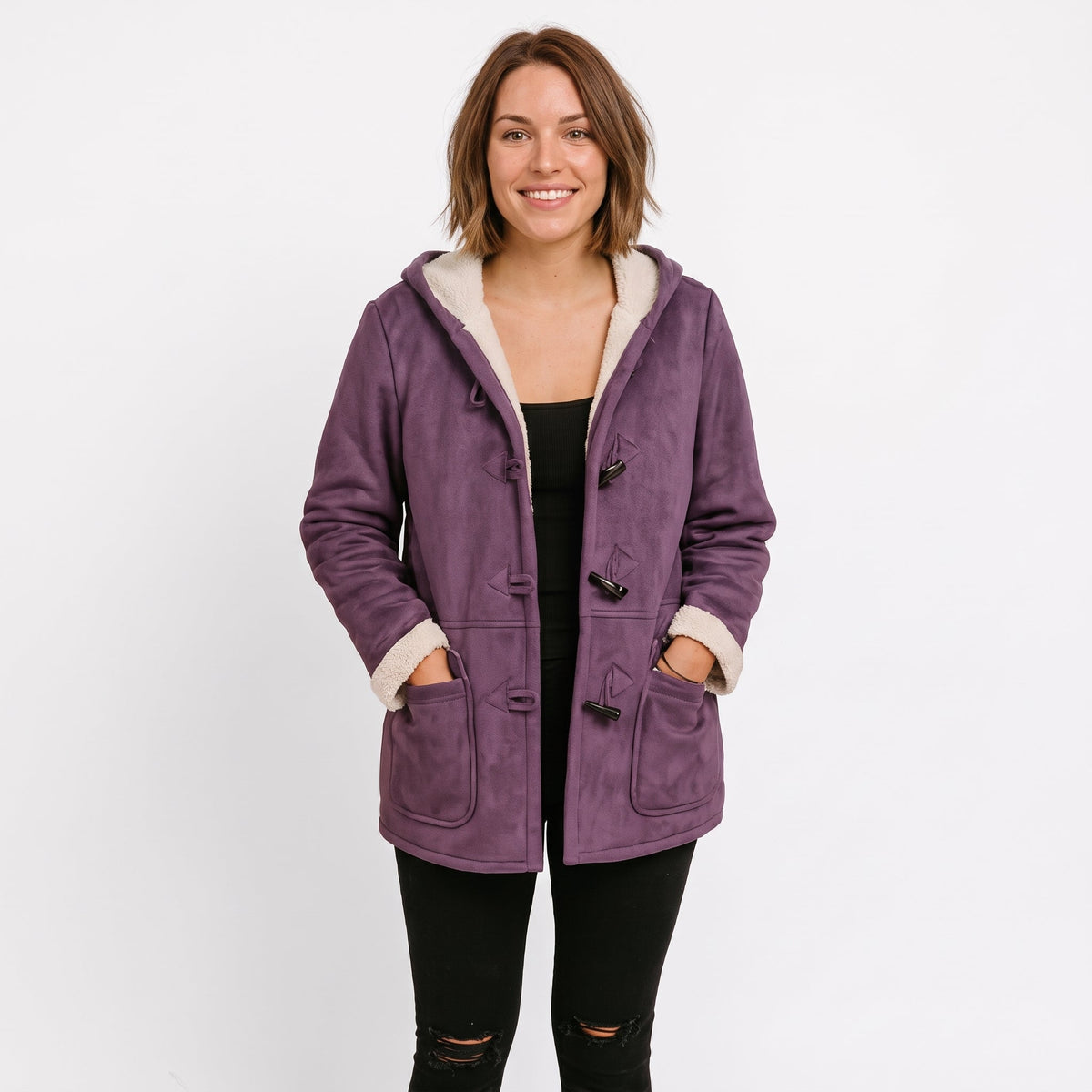 Isla - Women's Hooded Duffle Coat with Toggle Closures and Contrast Lining - Overcoats - Purple - Sarvento