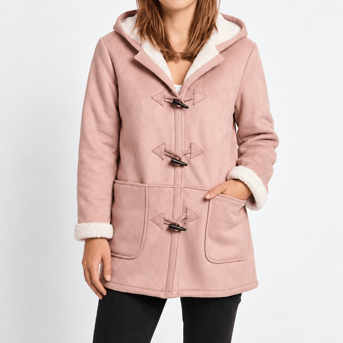Isla - Women's Hooded Duffle Coat with Toggle Closures and Contrast Lining - Overcoats - Pink - Sarvento