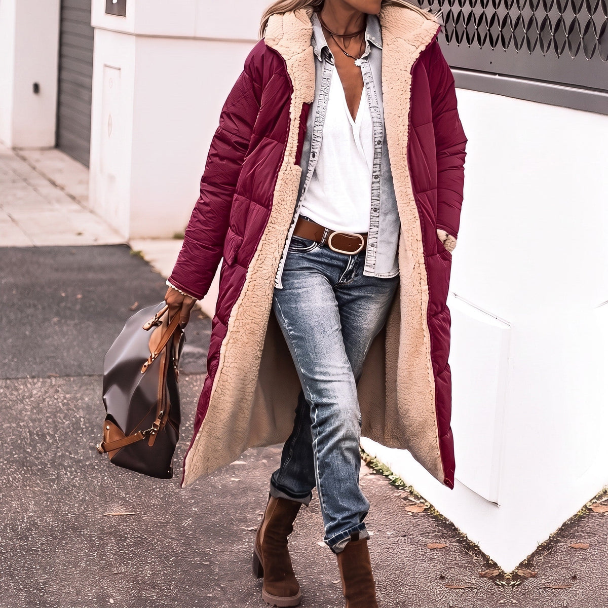 Isla - Women's Longline Puffer Coat with Shawl Collar and Contrast Lining - Coats & Jackets - Burgundy - Sarvento