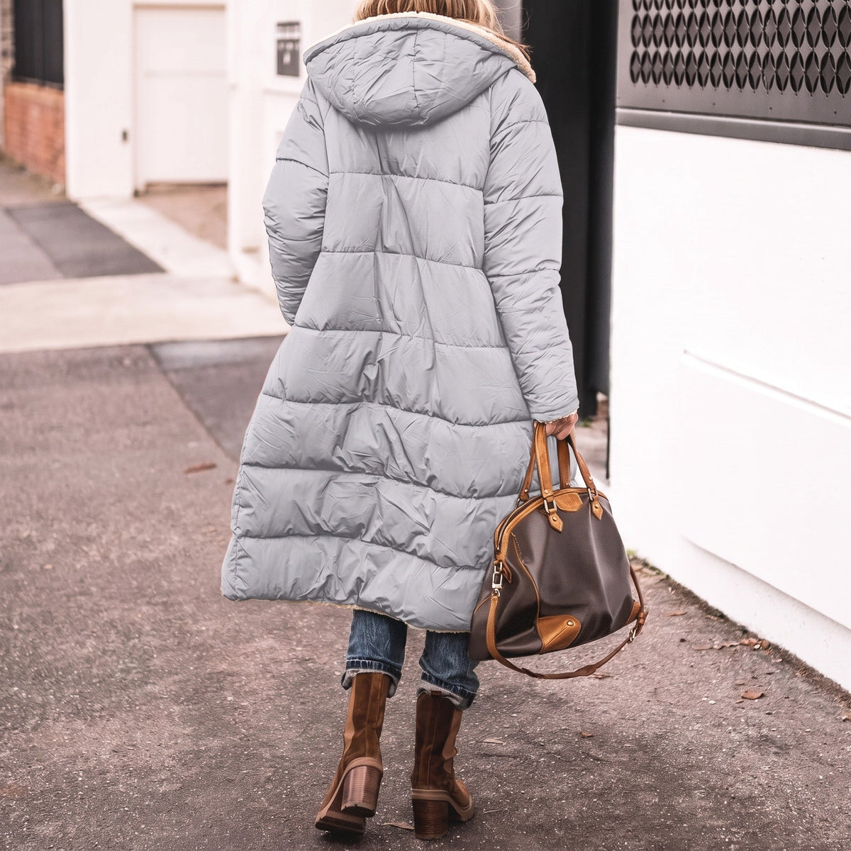 Isla - Women's Longline Puffer Coat with Shawl Collar and Contrast Lining - Coats & Jackets - Gray - Sarvento