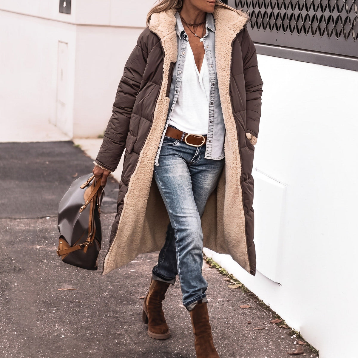 Isla - Women's Longline Puffer Coat with Shawl Collar and Contrast Lining - Coats & Jackets - Brown - Sarvento