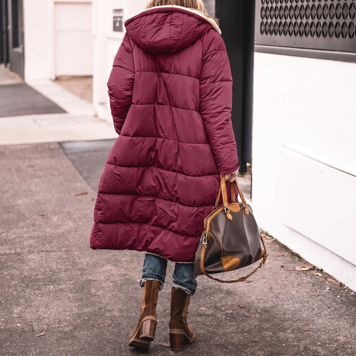 Isla - Women's Longline Puffer Coat with Shawl Collar and Contrast Lining - Coats & Jackets - Burgundy - Sarvento