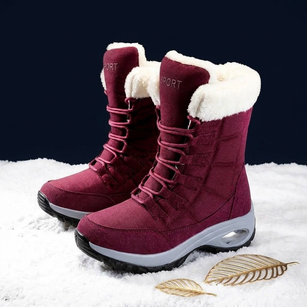 Isla - Women's Orthopaedic Lace-Up Mid-Calf Snow Boots with Faux Fur Trim - Boots - Red - Sarvento