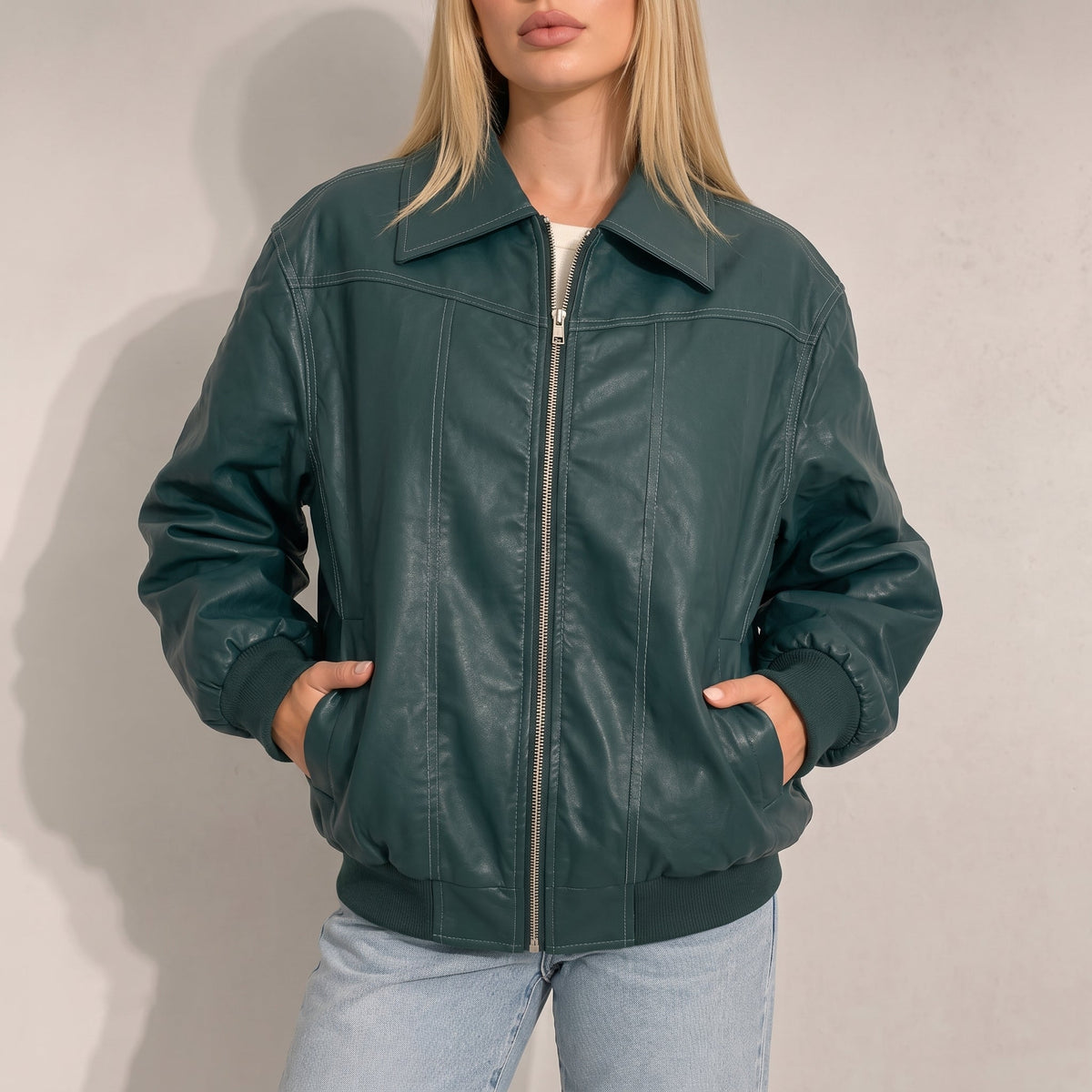 Isla - Women's Oversized Cropped Jacket with Contrast Stitching - Coats & Jackets - Green - Parker&Brooks