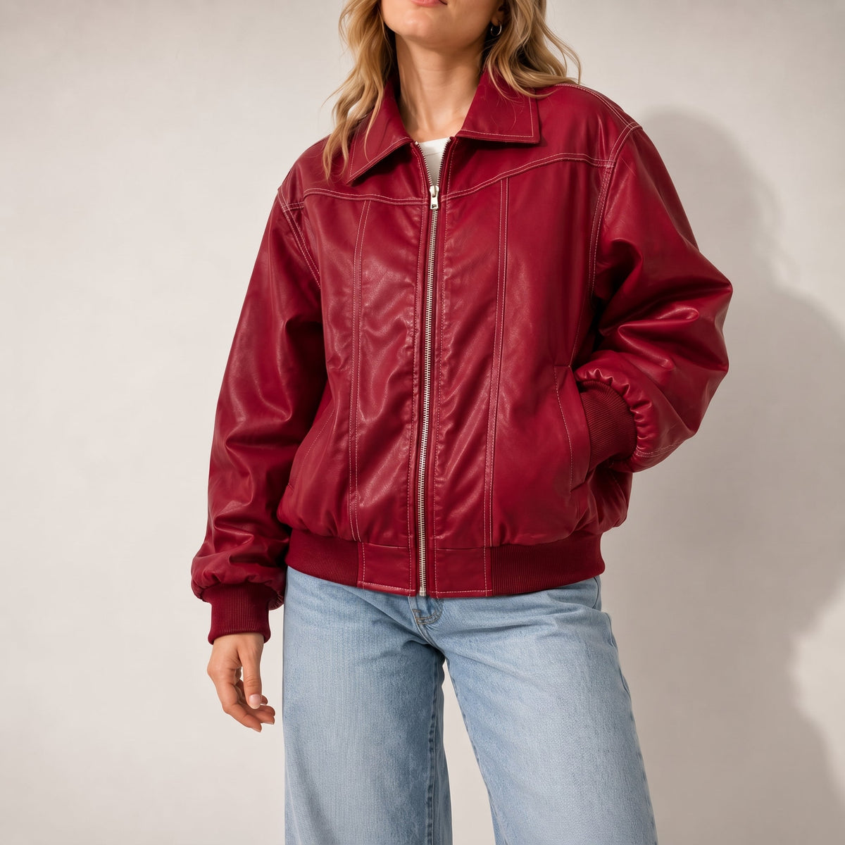 Isla - Women's Oversized Cropped Jacket with Contrast Stitching - Coats & Jackets - Red - Parker&Brooks
