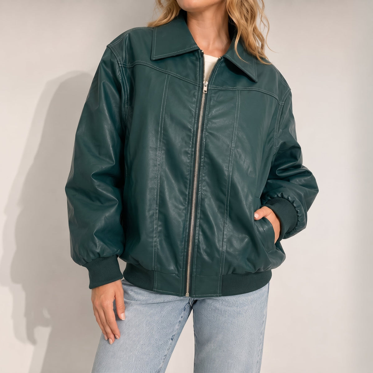Isla - Women's Oversized Cropped Jacket with Contrast Stitching - Coats & Jackets - Green - Parker&Brooks
