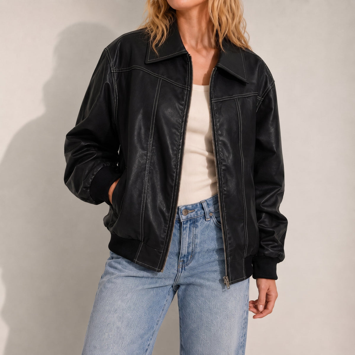Isla - Women's Oversized Cropped Jacket with Contrast Stitching - Coats & Jackets - Black - Parker&Brooks