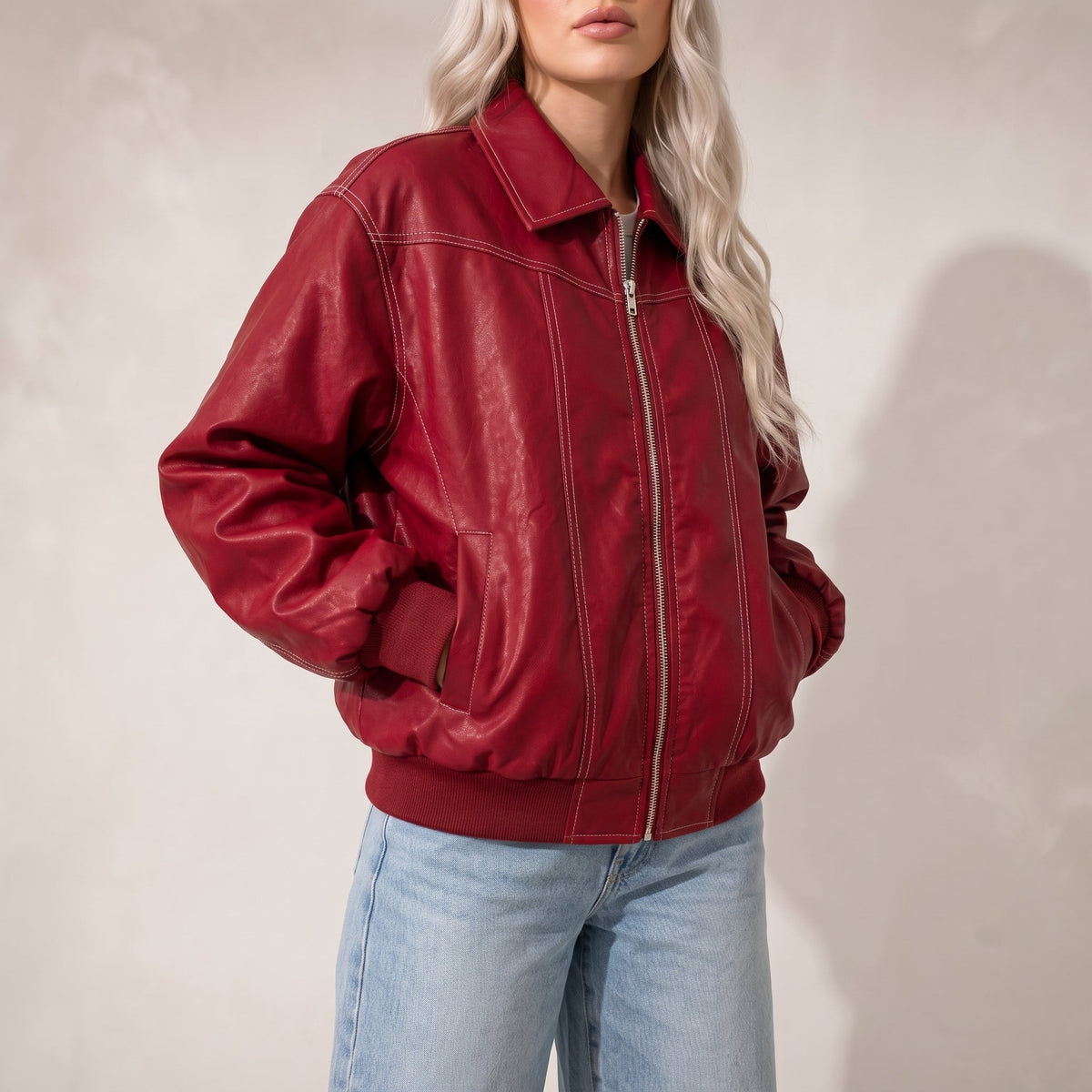 Isla - Women's Oversized Cropped Jacket with Contrast Stitching - Coats & Jackets - Red - Parker&Brooks