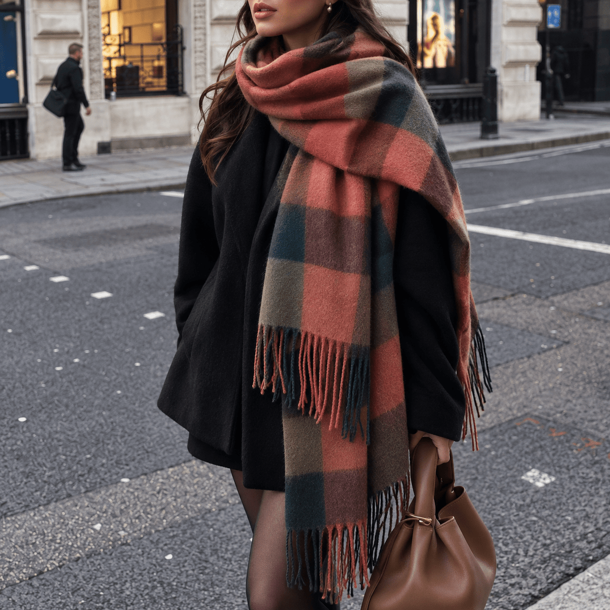 Isla – Women’s Oversized Plaid Fringed Blanket Scarf - Scarves & Shawls - Red - Sarvento