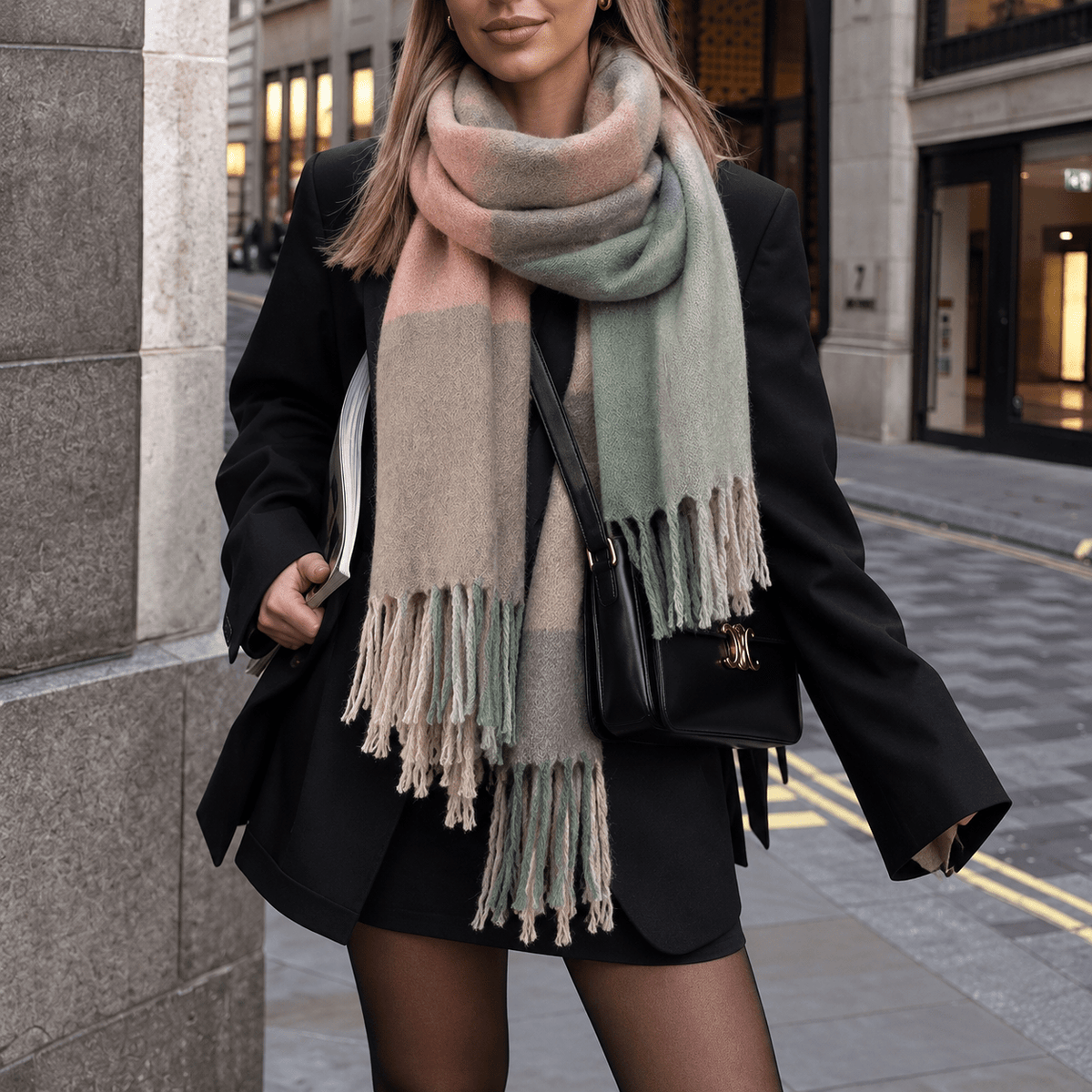 Isla – Women’s Oversized Plaid Fringed Blanket Scarf - Scarves & Shawls - Light Green - Sarvento
