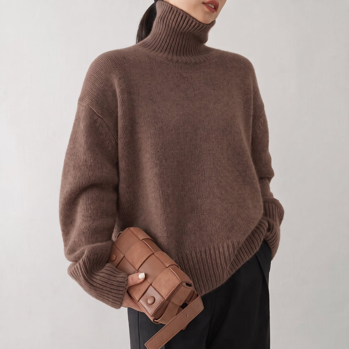 Isla - Women's Oversized Turtleneck Knit Sweater with Ribbed Cuffs - Sweaters - Brown - Parker&Brooks