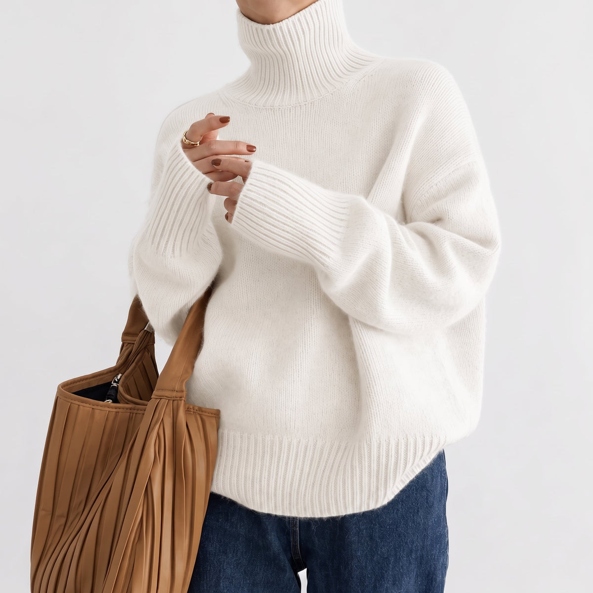 Isla - Women's Oversized Turtleneck Knit Sweater with Ribbed Cuffs - Sweaters - Beige - Parker&Brooks