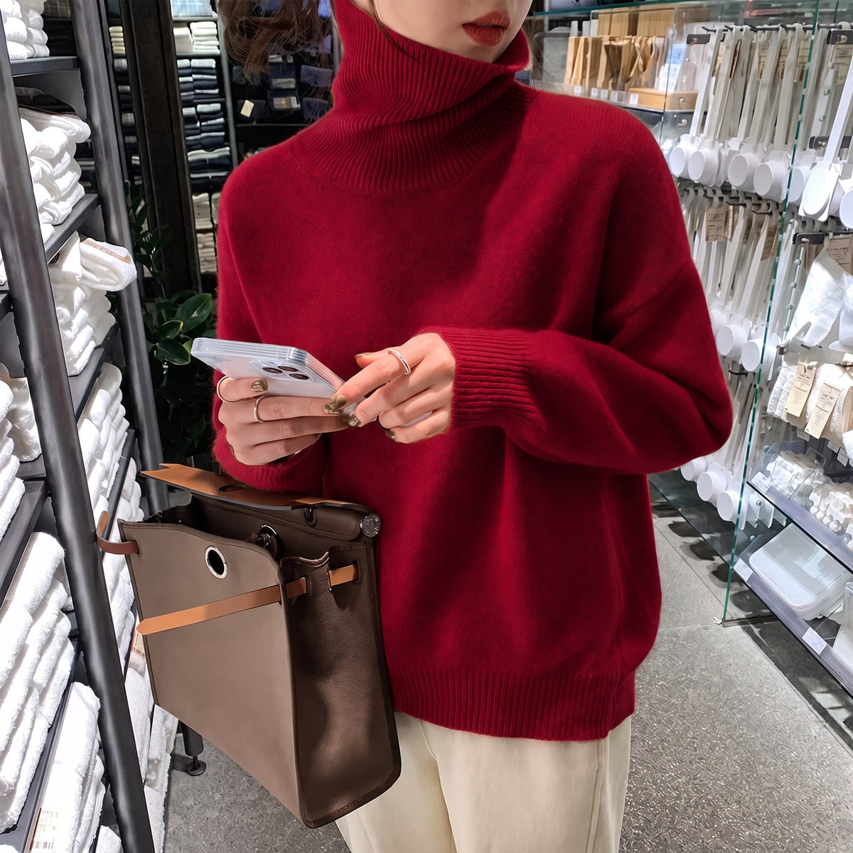 Isla - Women's Oversized Turtleneck Knit Sweater with Ribbed Cuffs - Sweaters - Red - Parker&Brooks