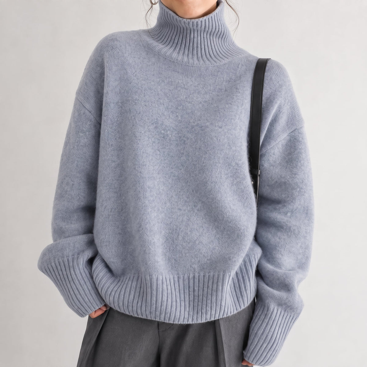 Isla - Women's Oversized Turtleneck Knit Sweater with Ribbed Cuffs - Sweaters - Gray - Parker&Brooks