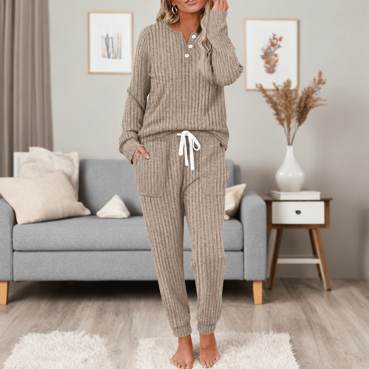 Isla – Women’s Ribbed Knit Henley Jogger Loungewear Set - Loungewear Sets - Khaki - Sarvento