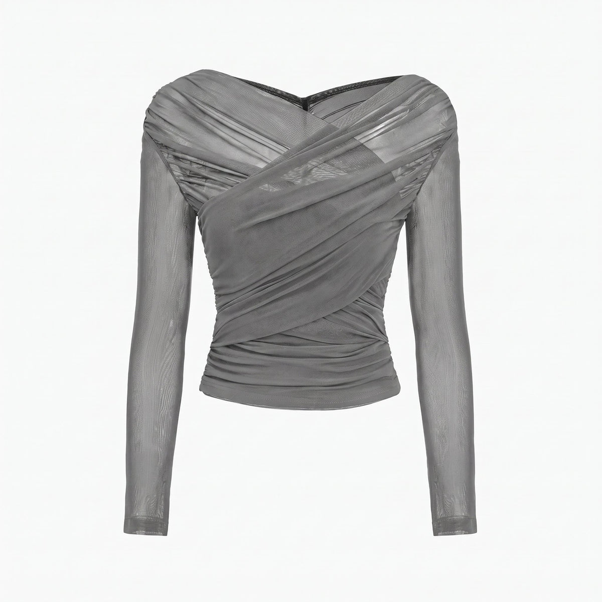 Isla - Women's Ruched Long Sleeve Mesh Top with Crossover V-Neck - Blouses - Grey - Parker&Brooks