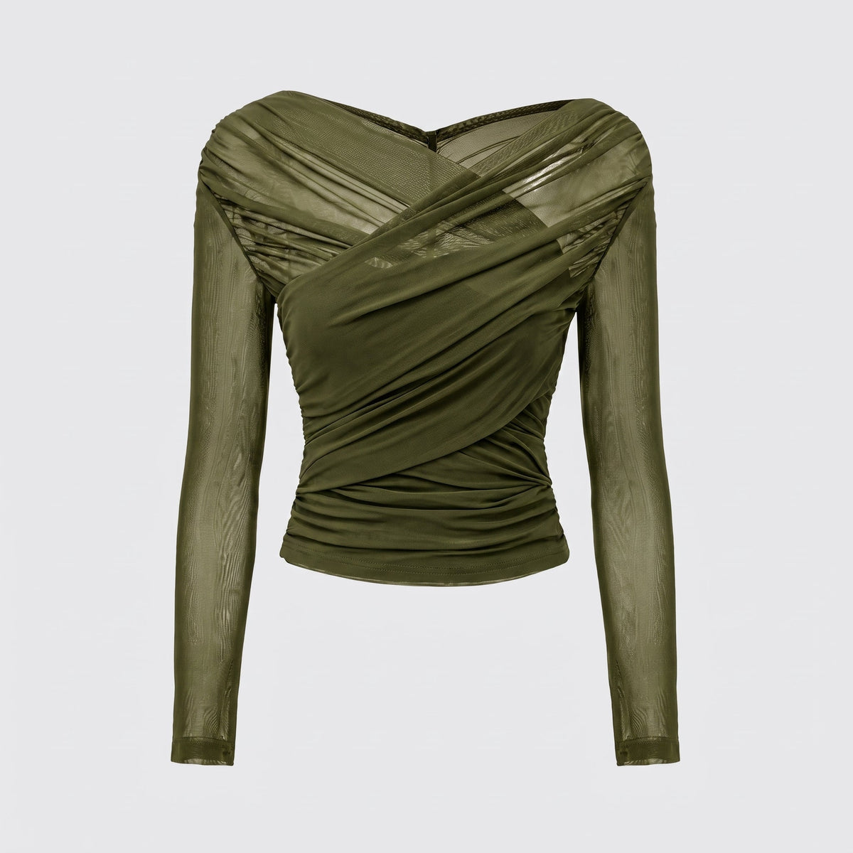 Isla - Women's Ruched Long Sleeve Mesh Top with Crossover V-Neck - Blouses - Olive Green - Parker&Brooks