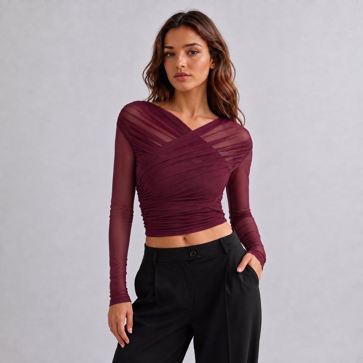 Isla - Women's Ruched Long Sleeve Mesh Top with Crossover V-Neck - Blouses - Wine Red - Parker&Brooks