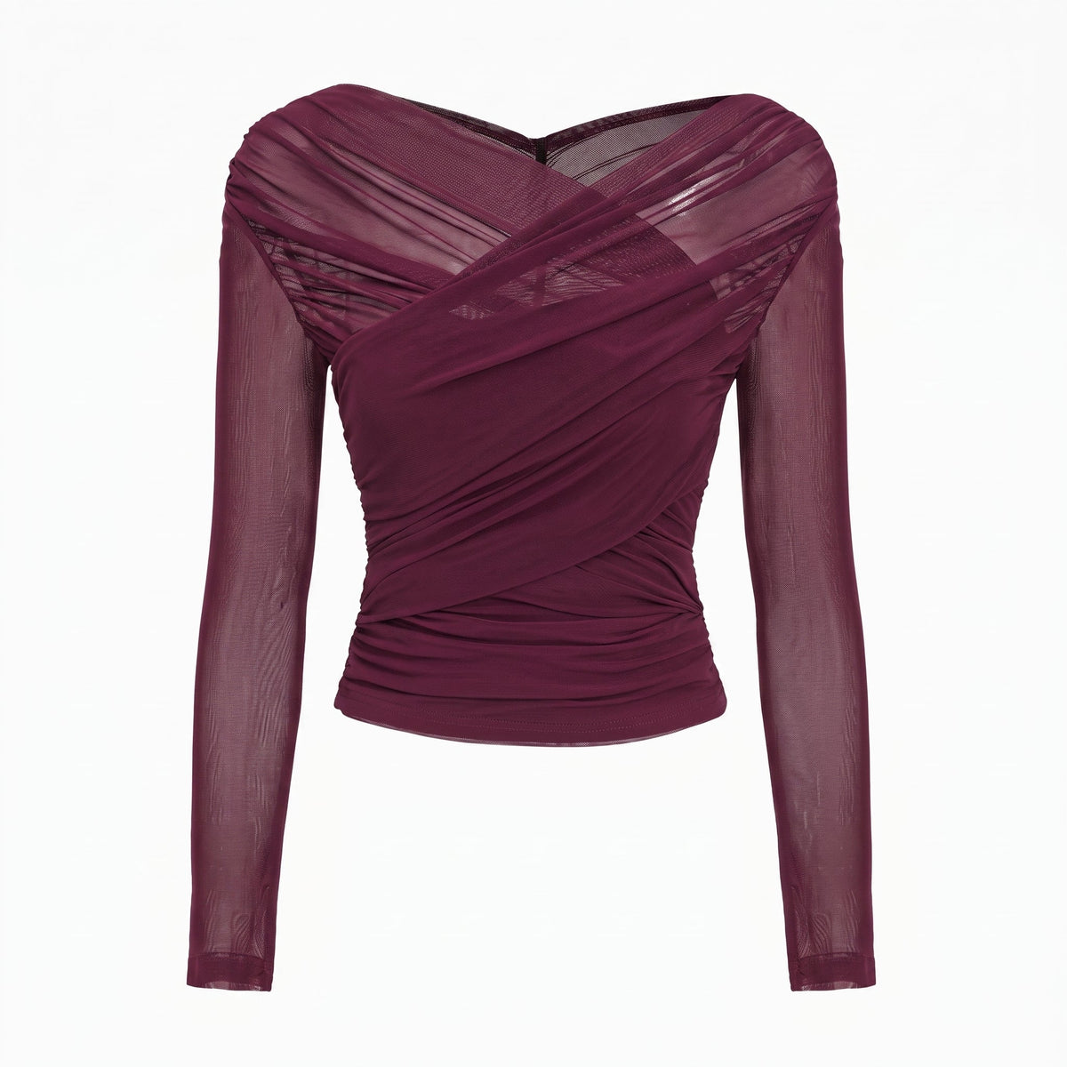 Isla - Women's Ruched Long Sleeve Mesh Top with Crossover V-Neck - Blouses - Wine Red - Parker&Brooks