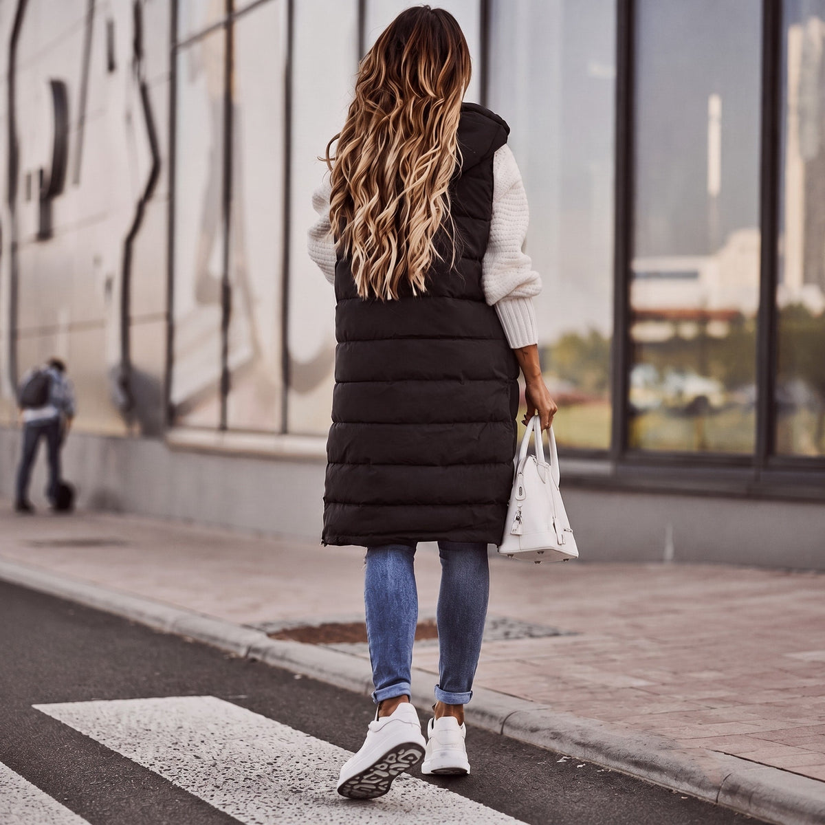 Isla - Women's Sleeveless Longline Quilted Puffer Gilet with Hood - Vests - Black - Parker&Brooks